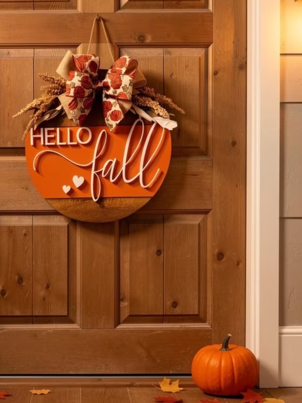 “Hello Fall”Round Wooden Sign with White Script and Bow - Picture 6 of 7